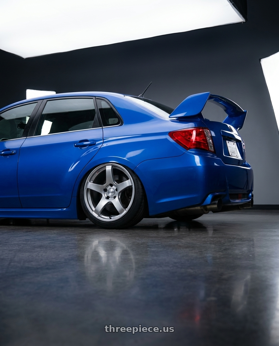 2013 Subaru WRX STI with Ssr Gtv01 5x114.3 18x10.5+15  GLARE SILVER wheels rear three quarter view slight stretch tires
