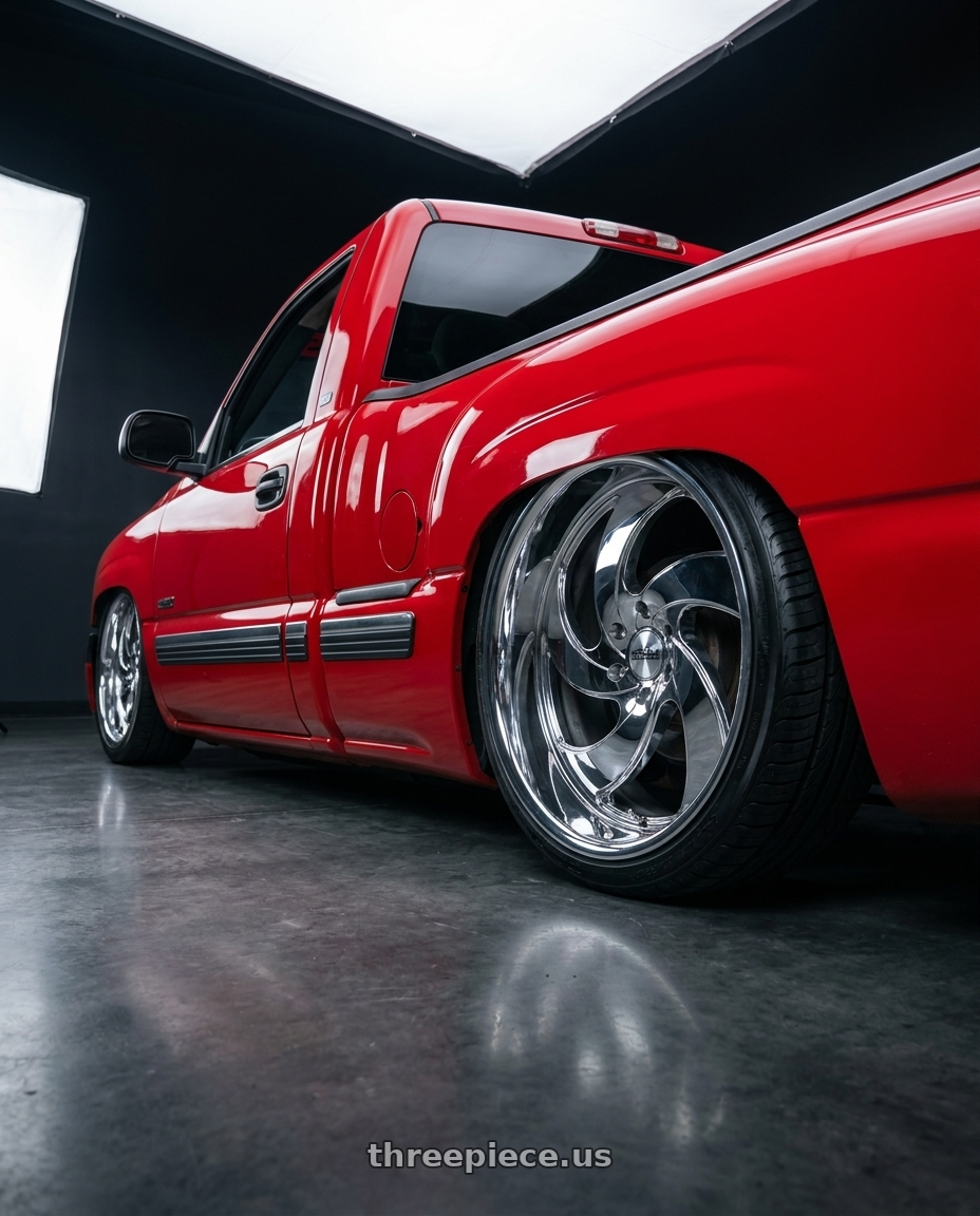 2003 Chevy single cab with Strada Street Classics RETRO 5 5x114.3 / n/a 20x8.5 35MM Chrome wheels rear three quarter view extreme stretch tires