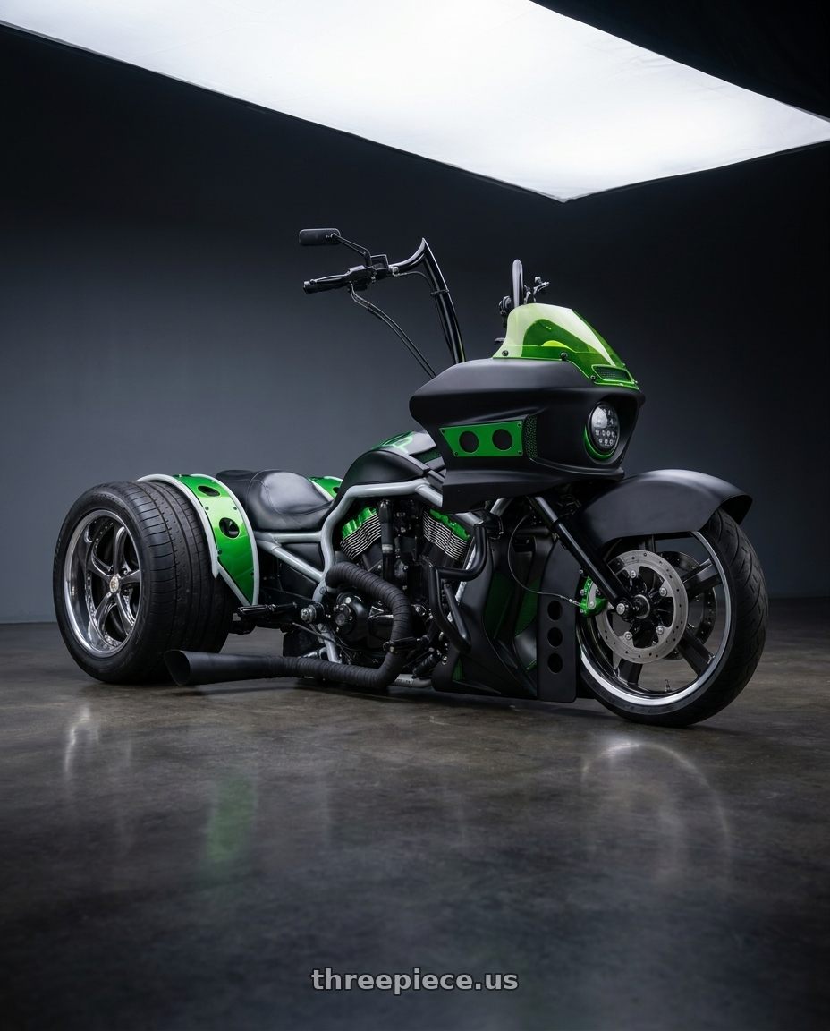 2002 custom trike with Work Wheels VS-KF 5X114.3 19x12.5-11 Brilliant Silver Black R Disk FULL REVERSE wheels