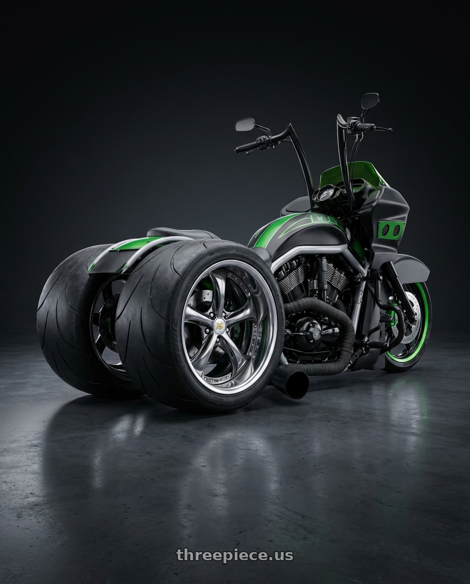 2002 custom trike with Work Wheels VS-KF 5X114.3 19x12.5-11 Brilliant Silver Black R Disk FULL REVERSE wheels rear three quarter view excessive tires