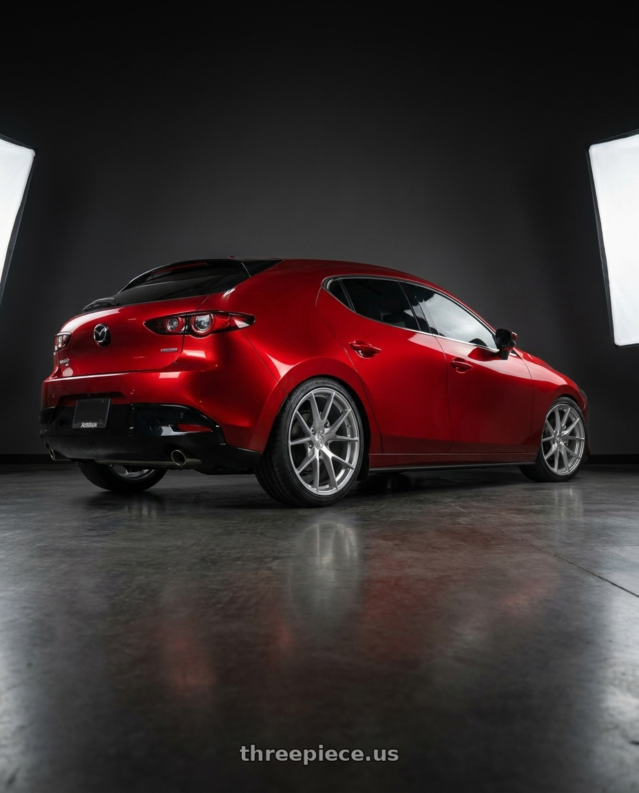 2025 Mazda 3 with Aodhan AFF7 5x114.3 19x8.5+35 Gloss Silver Machined Face wheels rear three quarter view square tires
