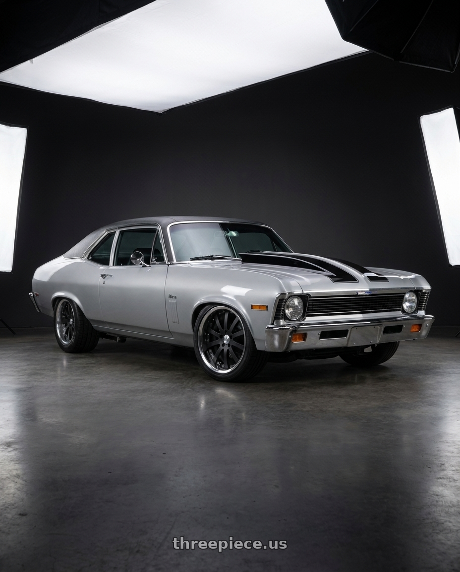 1972 Chevrolet Nova with Work Equip E10 5x120.65 19x8+11 l disk Black Anodized wheels front three quarter view lowered stance