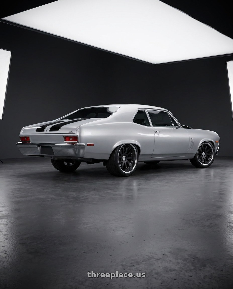 1972 Chevrolet Nova with Work Equip E10 5x120.65 19x8+11 l disk Black Anodized wheels rear three quarter view square tires