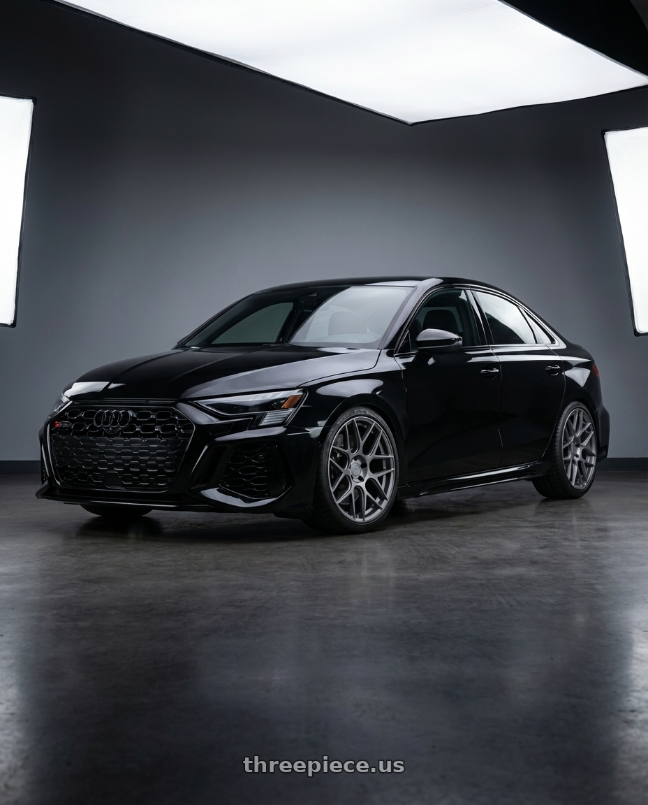 2022 Audi RS3 8Y with Aodhan AFF2 5x112 19x8.5+35 Matte Gray wheels front three quarter view lowered stance