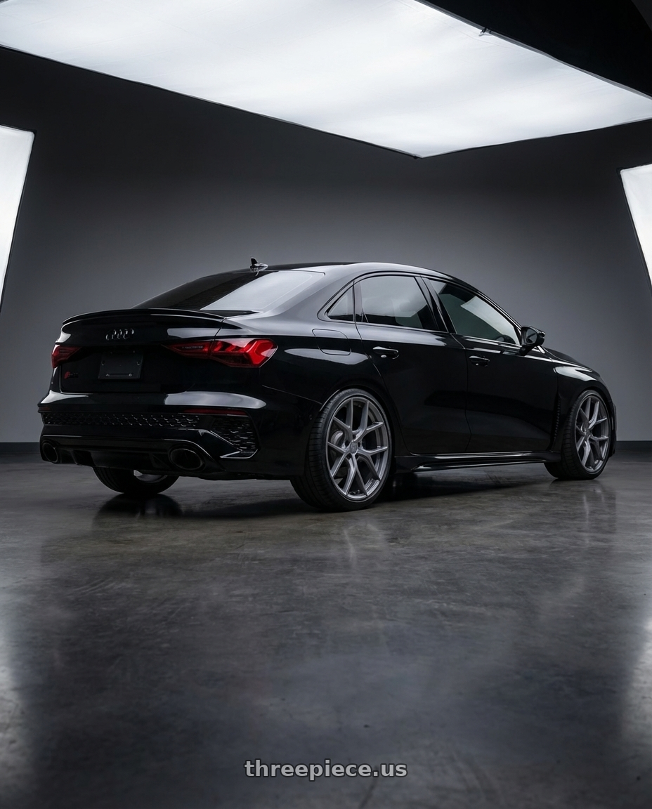 2022 Audi RS3 8Y with Aodhan AFF2 5x112 19x8.5+35 Matte Gray wheels rear three quarter view square tires