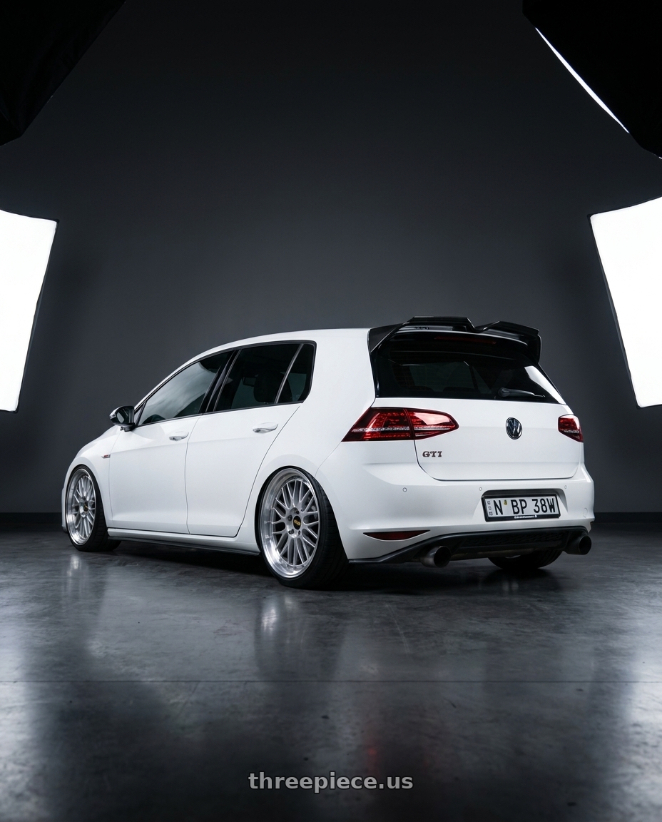 2013 mk7 gti with BBS LM 5x114.3 17x7.5+38 Diamond Silver wheels rear three quarter view square tires