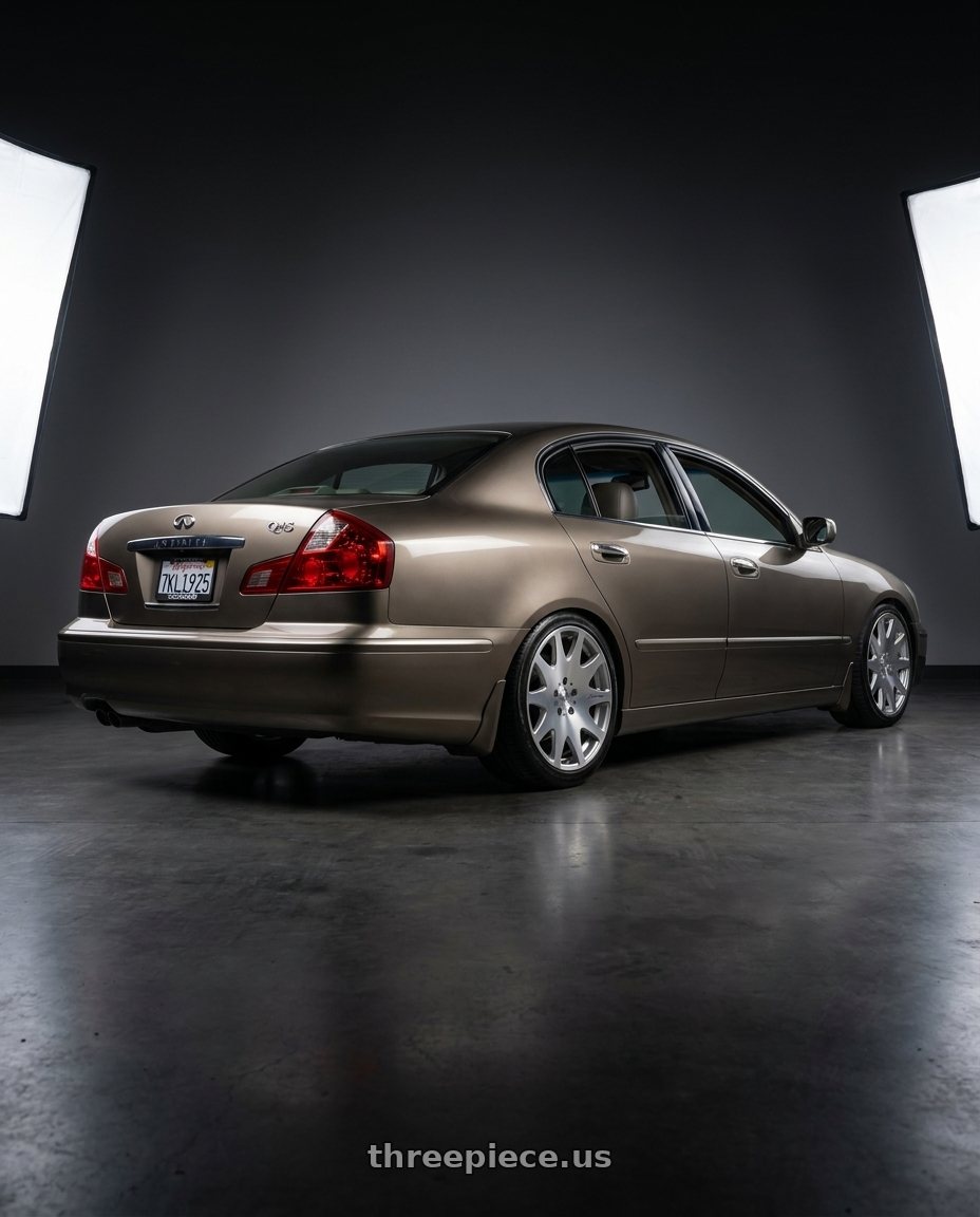 2005 Infiniti Q45 Bronze with MRR HR3 5x114.3 20x8.5  +35 Silver Machine Face wheels rear three quarter view slight stretch tires