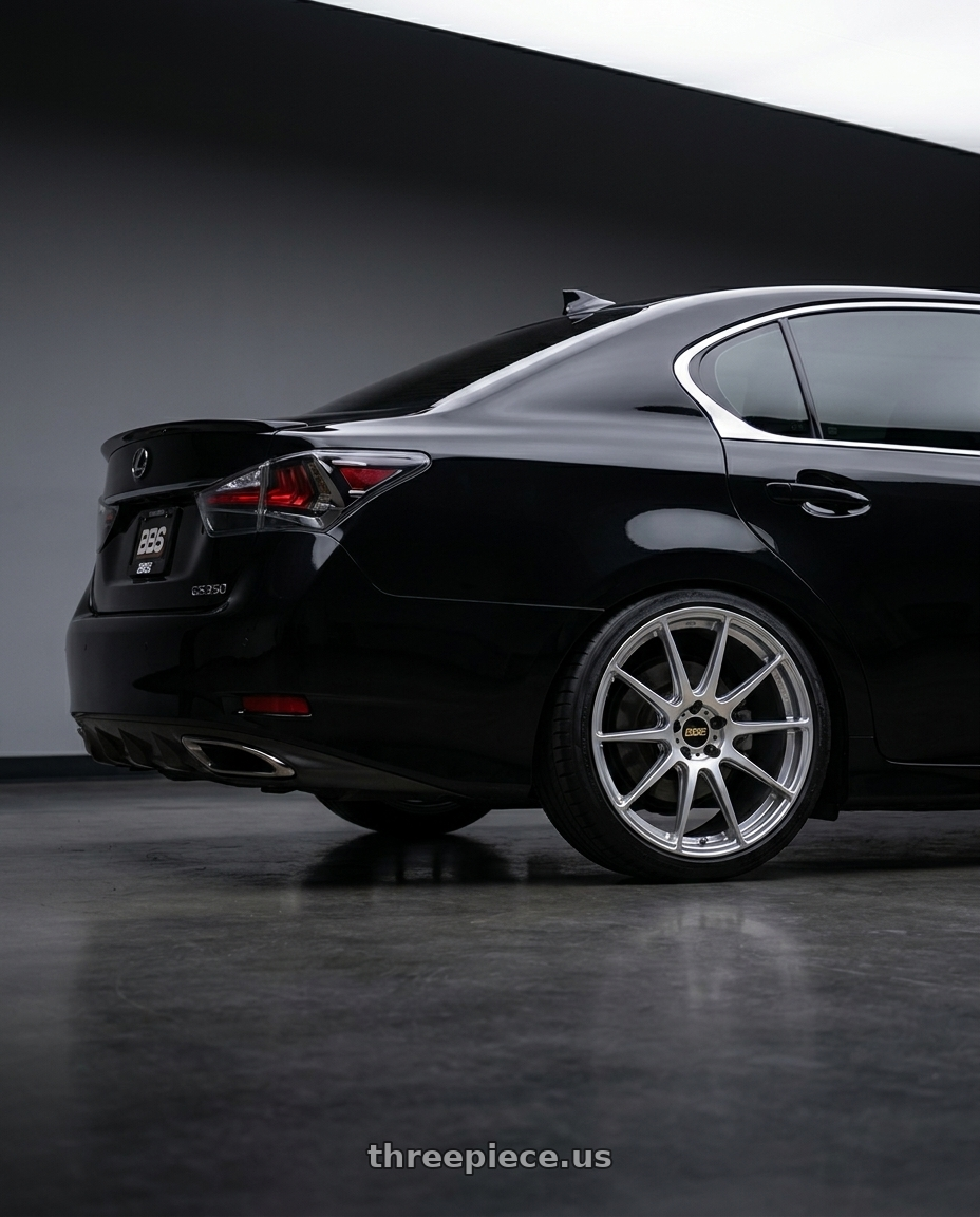 2019 Lexus GS350 black with BBS FS 5x112 19x8.0+30 Diamond Silver wheels rear three quarter view square tires
