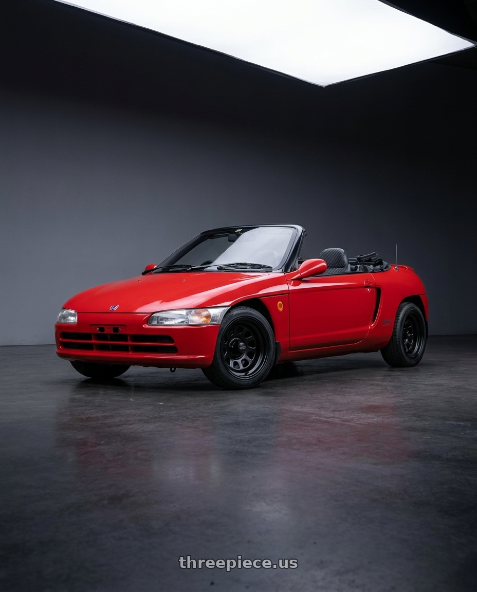 1991 Honda Beat with Black Rock 942B Black D-Window 5x114.3 15x10 -38 Matte Black wheels