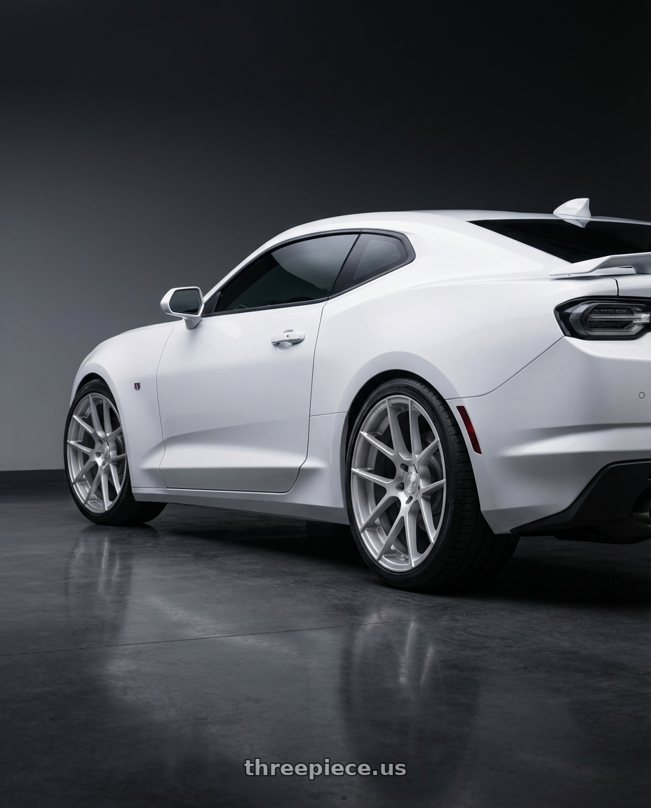2022 Chevrolet Camaro with Avant Garde Wheels M510 5X120 20x10 +20 Satin Silver wheels rear three quarter view square tires