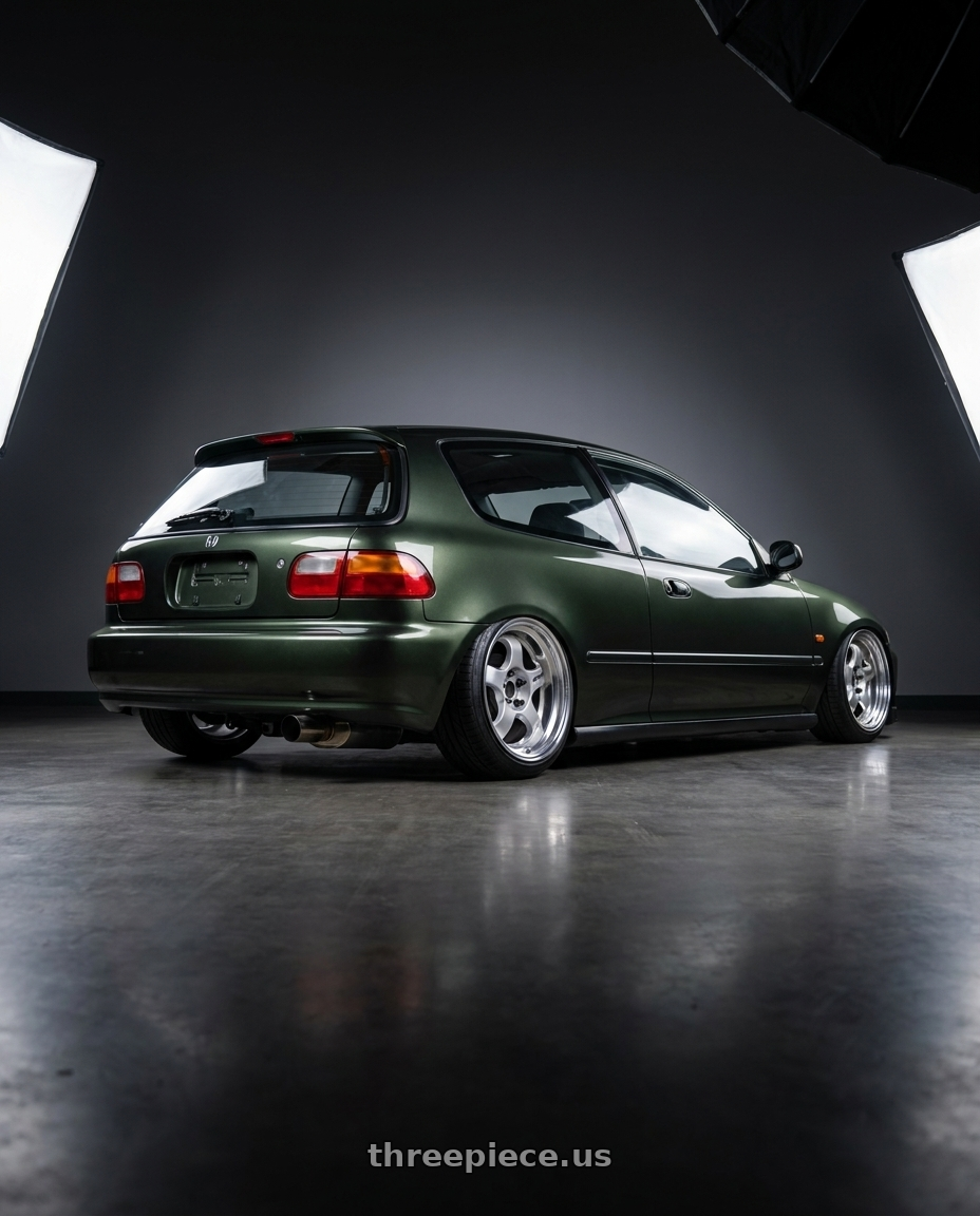1995 honda civic dx hatchback nori green metalic with Work Meister S1 2P 4x100 15x7+38 O Disk Silver wheels rear three quarter view square tires