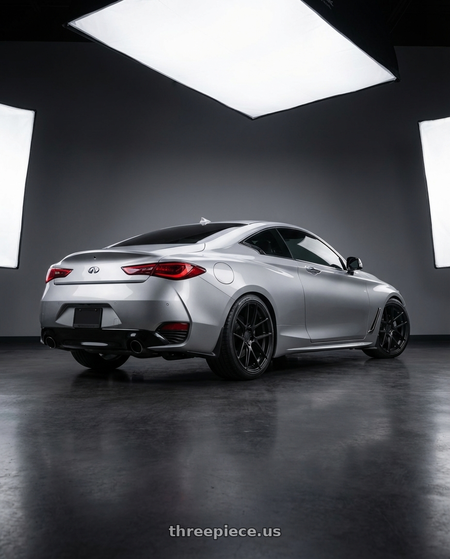2020 Infiniti Q60 with Avant Garde Wheels M510 5X114.3 19x9.5 +40 Matte Black wheels rear three quarter view square tires