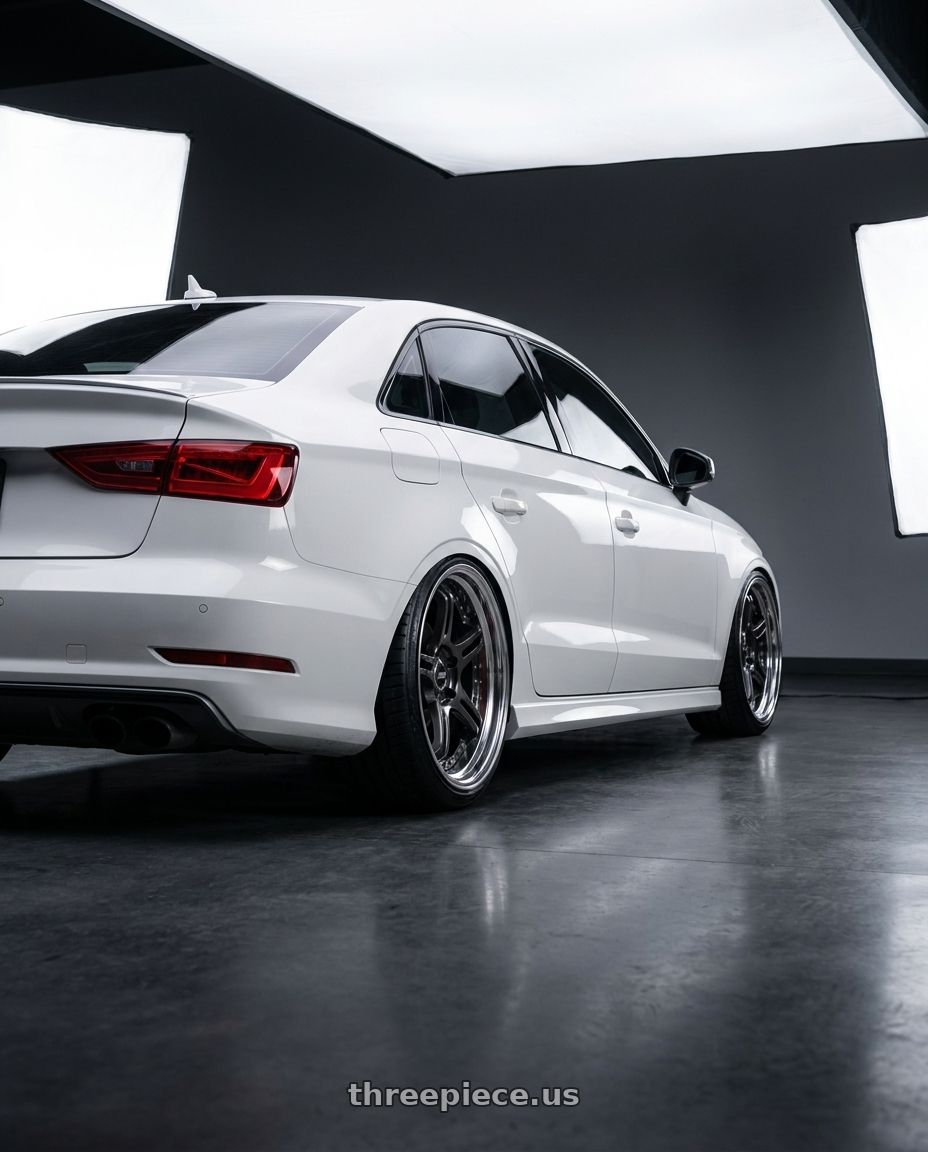 2015 Audi S3 with SSR Professor SPX STD 5x112 20X10+37 NR Disk Prism Dark Gunmetallic wheels rear three quarter view extreme stretch tires