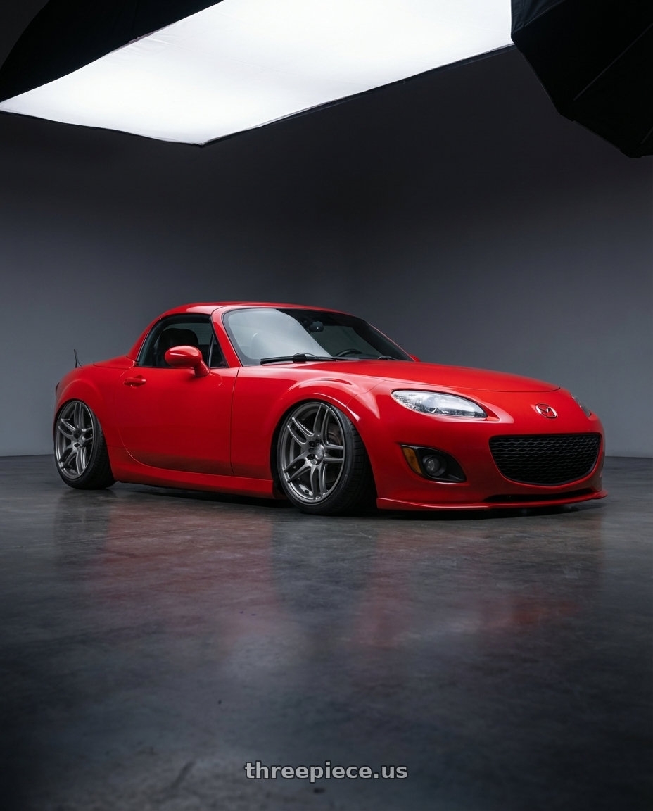 2012 Mazda MX-5 Miata NC with Niche 1PC M105 NR6 5X114.3/5X120 17X7.5 +45 MATTE GUN METAL wheels front three quarter view stanced stance