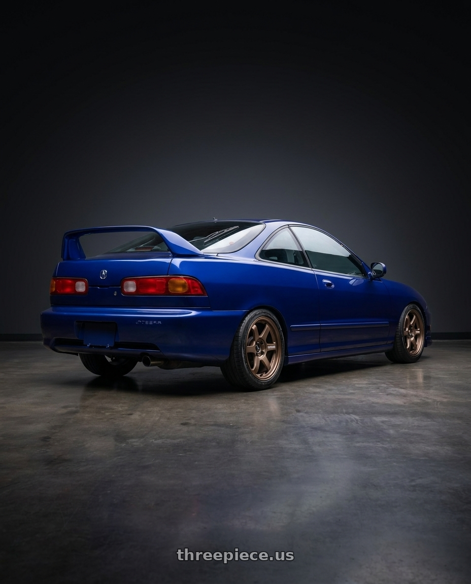1998 acura integra with Volk Racing TE37 SONIC 4x100 16x7+35 Bronze wheels rear three quarter view slight stretch tires