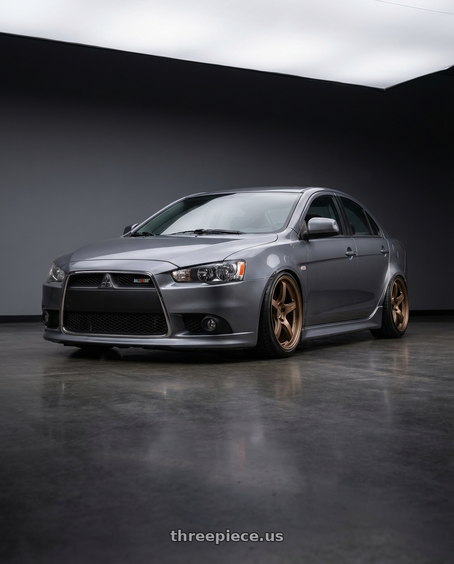 2014 Mitsubishi Lancer Ralliart with Gram Lights 57CR 5x114.3 18x9.5+38 Bronze II wheels front three quarter view stanced stance