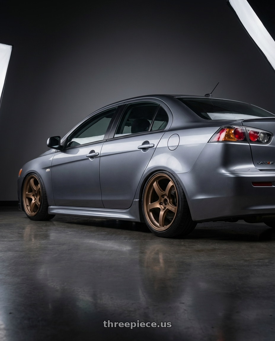 2014 Mitsubishi Lancer Ralliart with Gram Lights 57CR 5x114.3 18x9.5+38 Bronze II wheels rear three quarter view slight stretch tires
