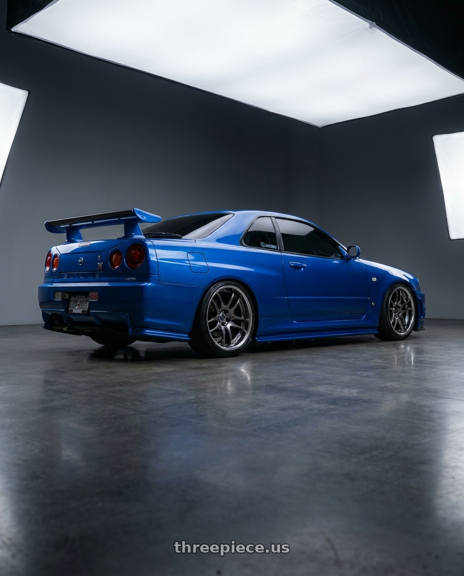 2000 Nissan Skyline r34 with Work Emotion CR2P wheels rear three quarter view slight stretch tires