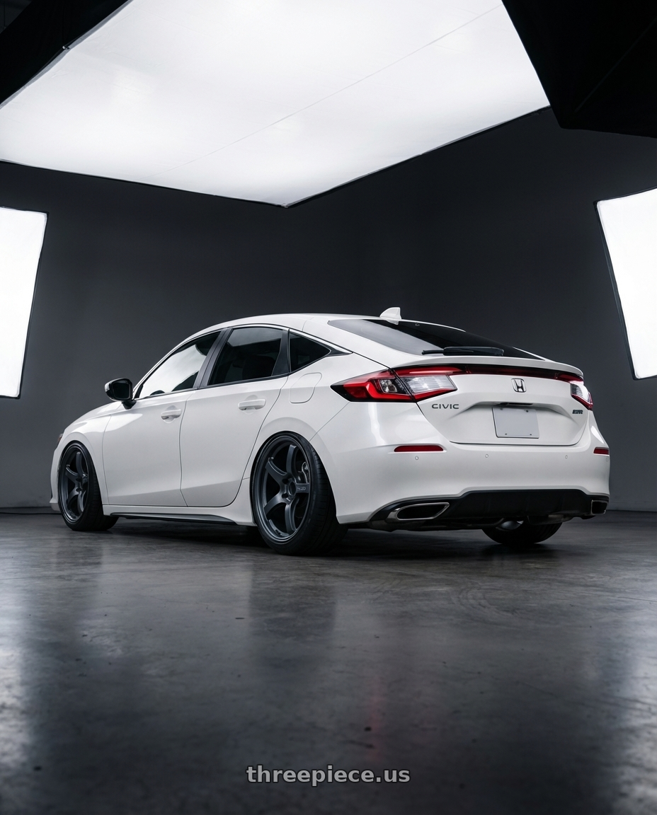 2024 Honda Civic with Gram Lights 57CR 5x114.3 19x9.5+35 Gunblue II wheels rear three quarter view slight stretch tires