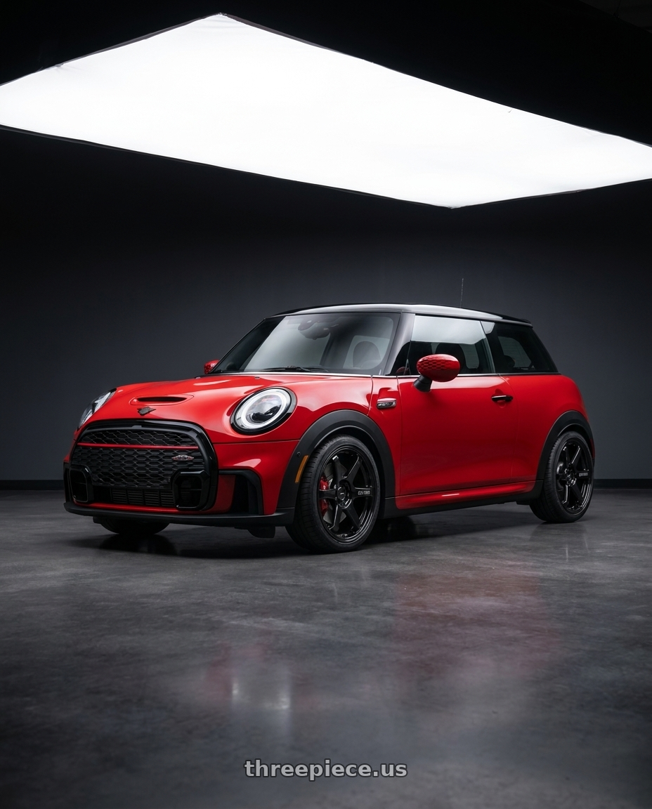 2025 mini jcw red with Enkei T6R 5x112 18x8+45 Gloss Black wheels