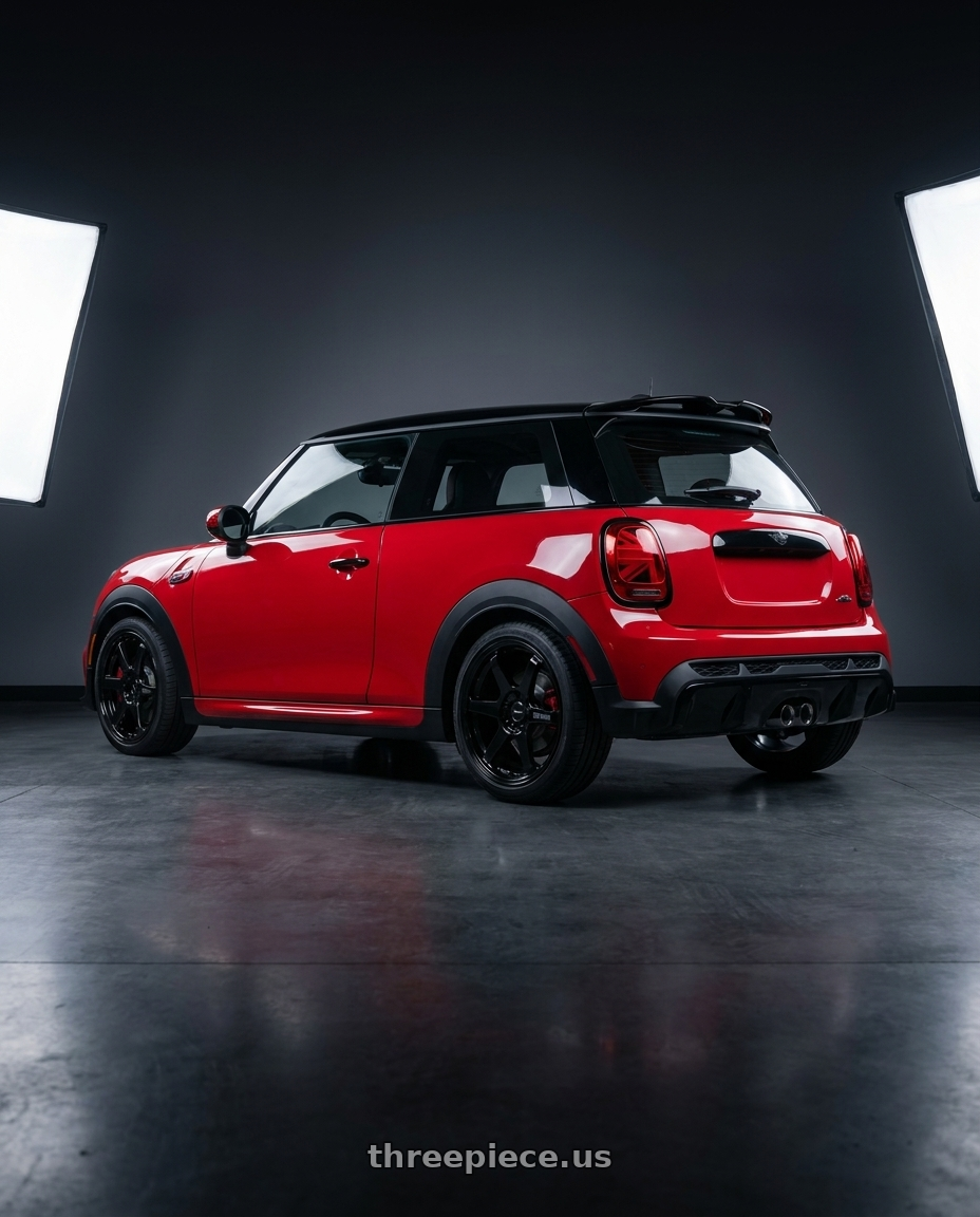 2025 mini jcw red with Enkei T6R 5x112 18x8+45 Gloss Black wheels rear three quarter view square tires