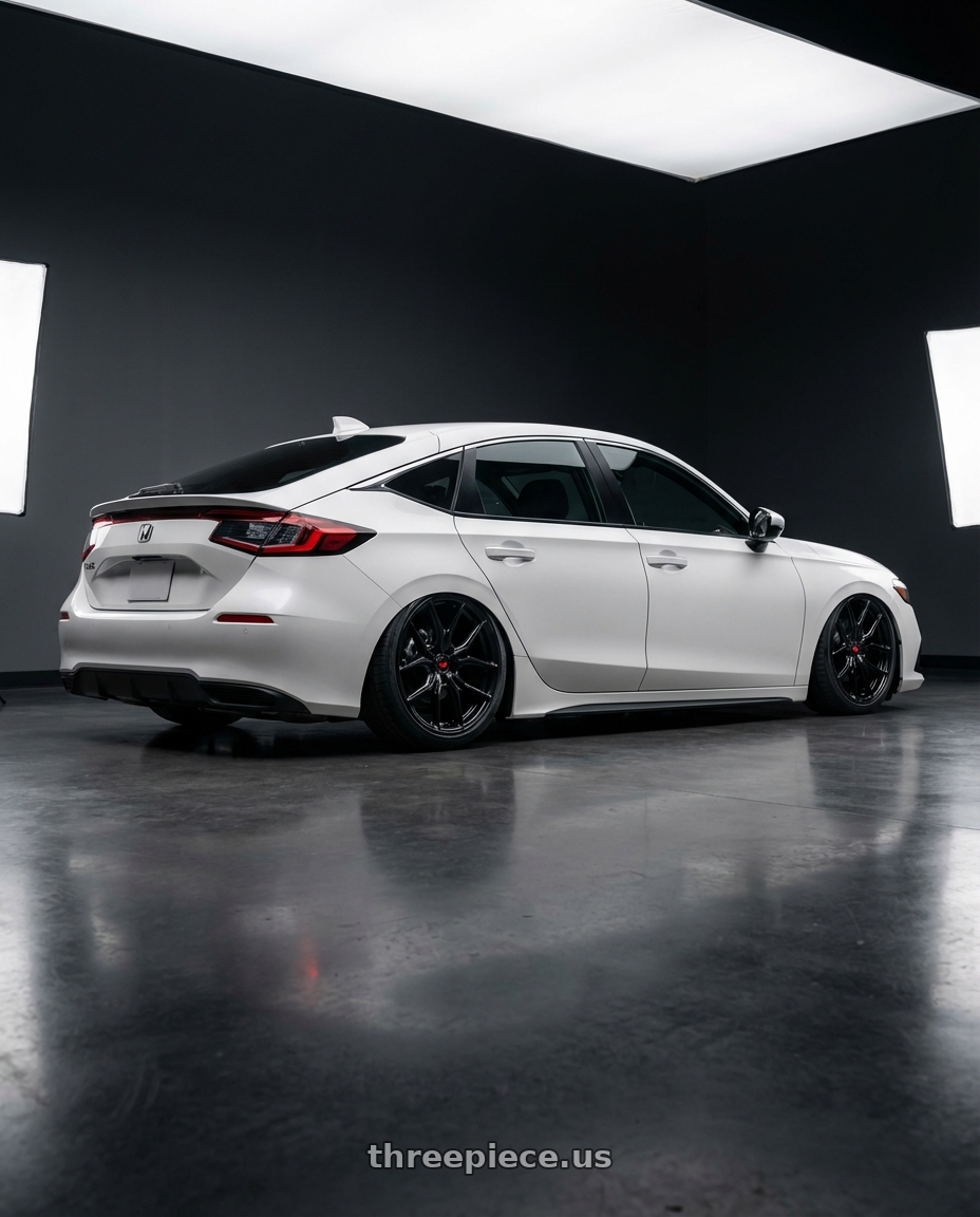 2024 Honda Civic with Vossen HF-5 19x9.5 / 5x114.3 / ET40 / Deep Face / 73.1 - Gloss Black Wheel - HF5-9N63 wheels rear three quarter view slight stretch tires