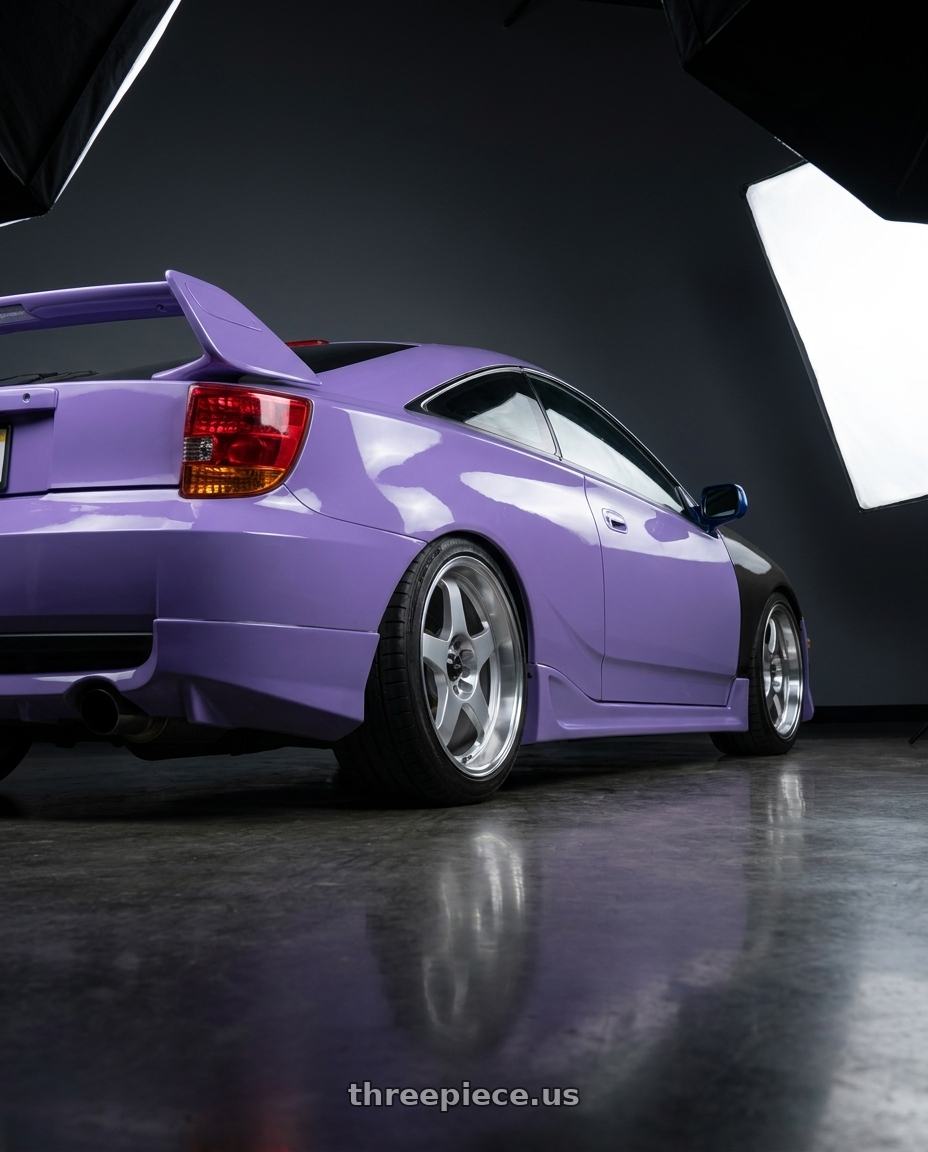 2004 Toyota Celica with Vors SP1 5x100/5x114.3 17x8  +35 Silver Machine Face Lip wheels rear three quarter view square tires