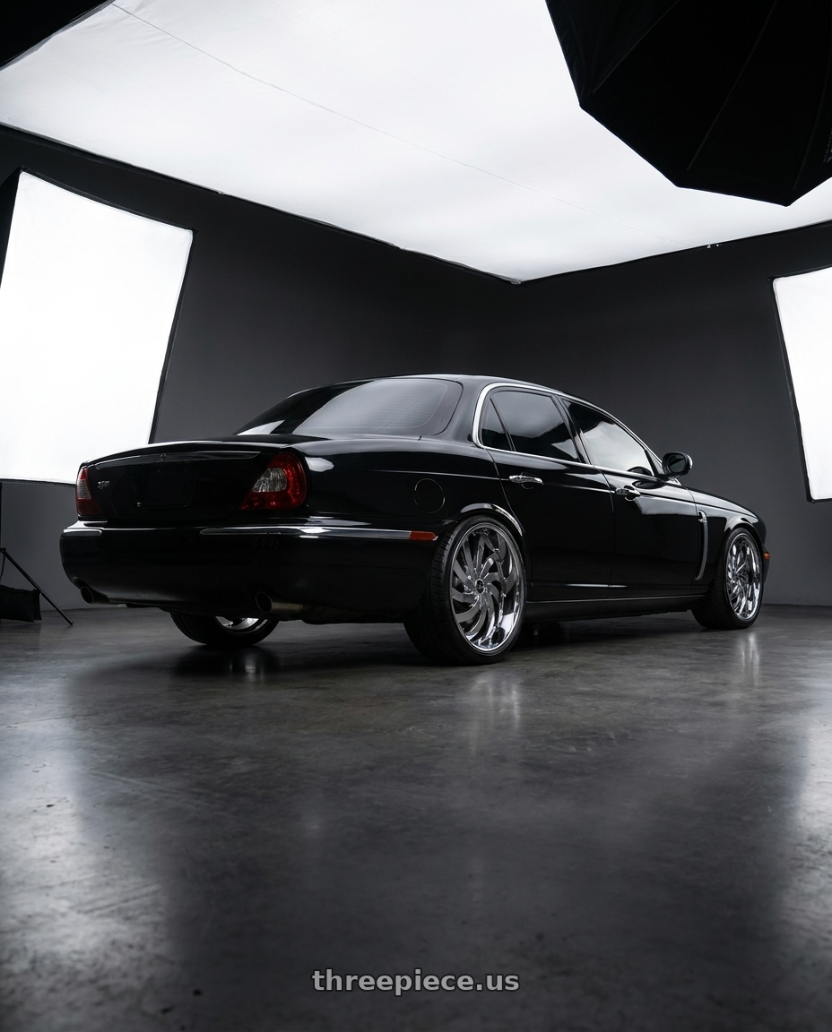 2008 jaguar xj8 black with Strada FLAME 5x114.3 / 5x120 20x8.5 35MM Chrome wheels rear three quarter view extreme stretch tires
