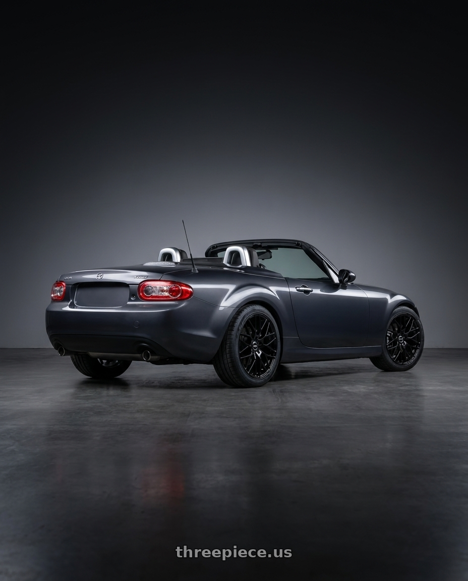 2014 Mazda MX5 Miata with Ns Wheels NS1506 5x114.3 17x7.5 +38 Gloss Black wheels rear three quarter view square tires