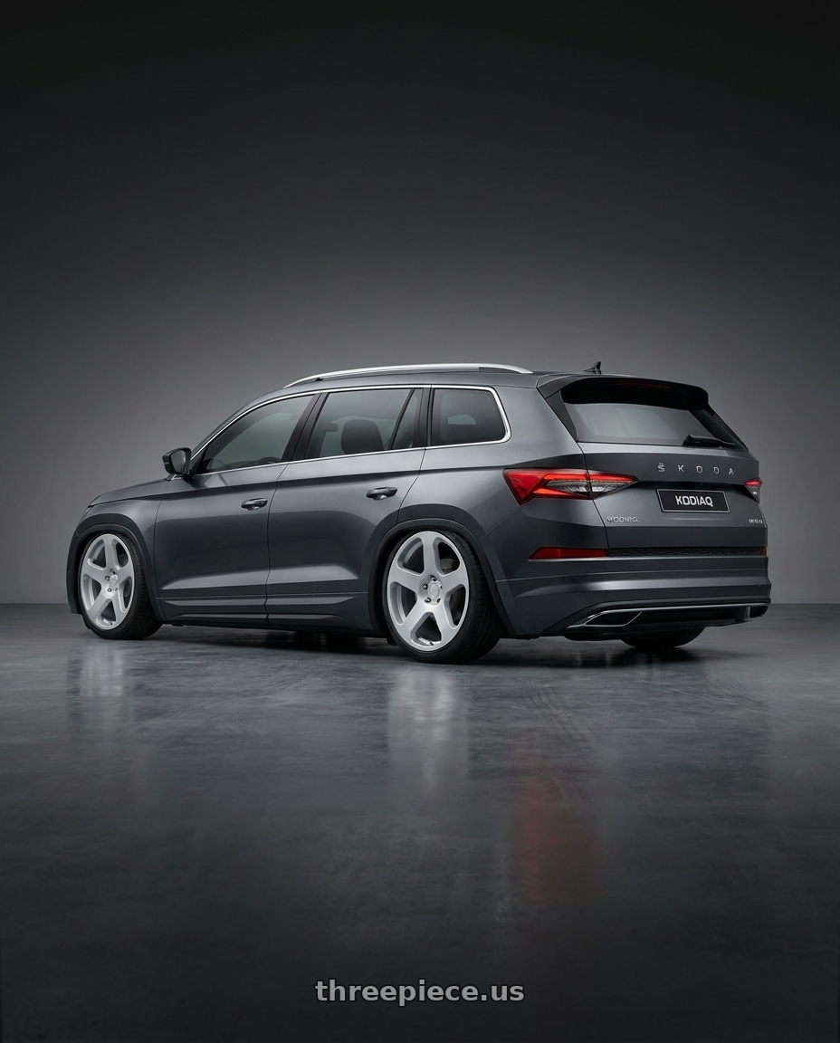 2025 Skoda kodiaq with Rotiform RC200 NUE 5X120 20x10 +40 GLOSS SILVER wheels rear three quarter view slight stretch tires