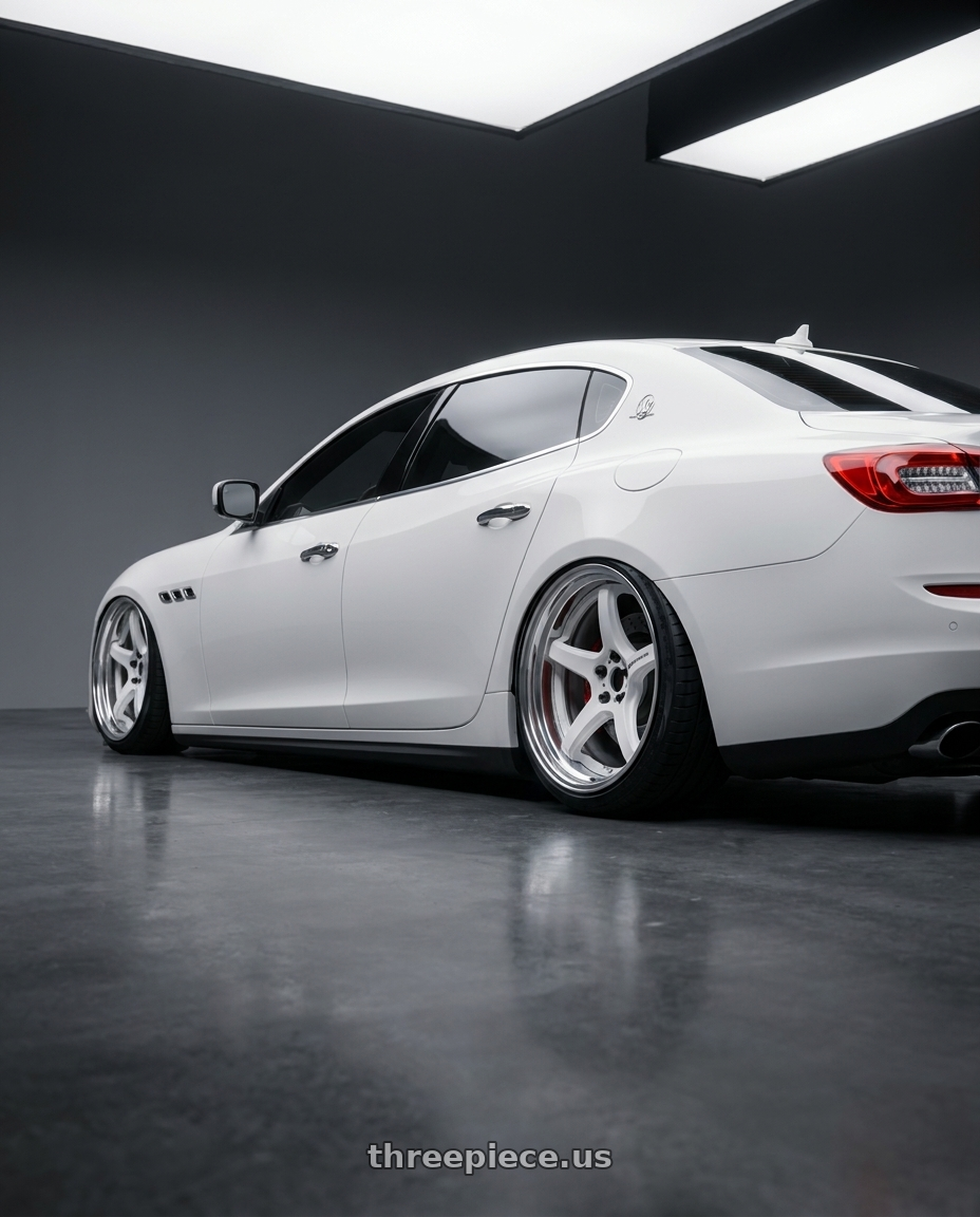 2014 maserati quattroporte gts  with Work T5R 2P 5x114.3 20x11.0 +45 WHITE wheels rear three quarter view slight stretch tires