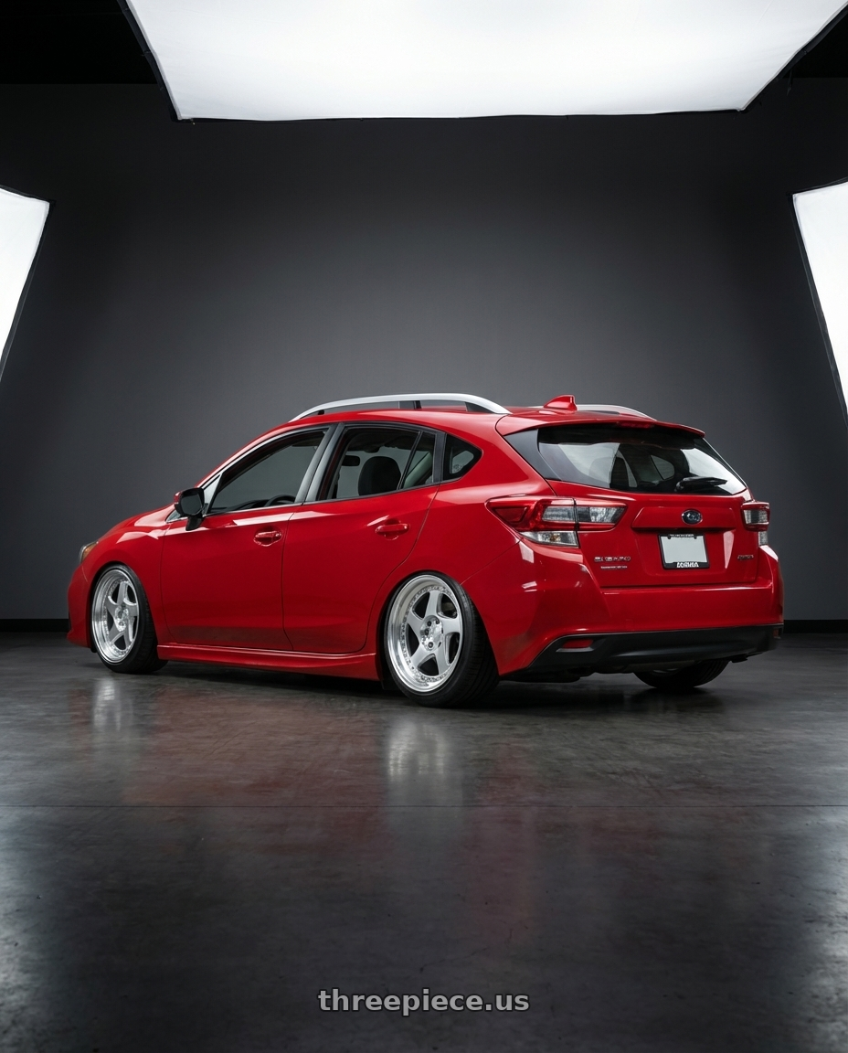 2022 Subaru Impreza Sport Hatchback with Aodhan AH01 5x100 18x9.5+35 Silver w/Machined Face wheels rear three quarter view slight stretch tires