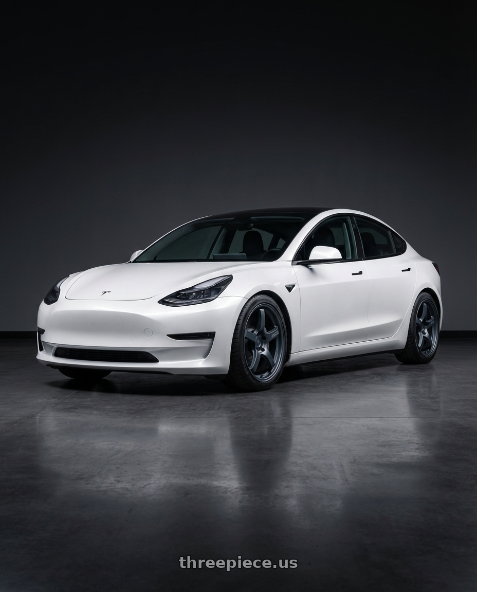 2023 Tesla Model 3 with Gram Lights 57CR 5x114.3 19x8.5+35 Gunblue II wheels front three quarter view lowered stance