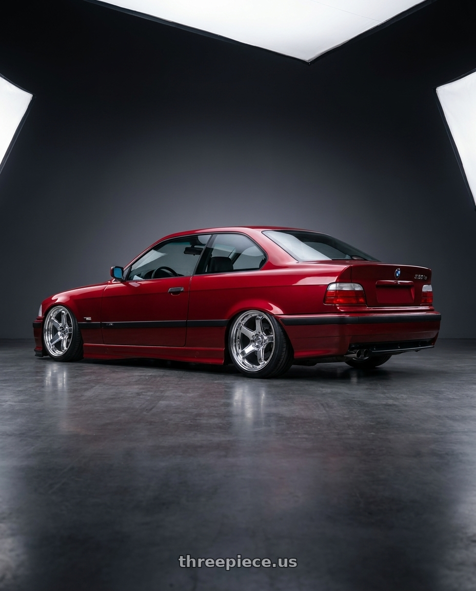1996 BMW E36 328is with KATANA RACING HR05 5x120 18x8.5 +35 Chrome wheels rear three quarter view slight stretch tires