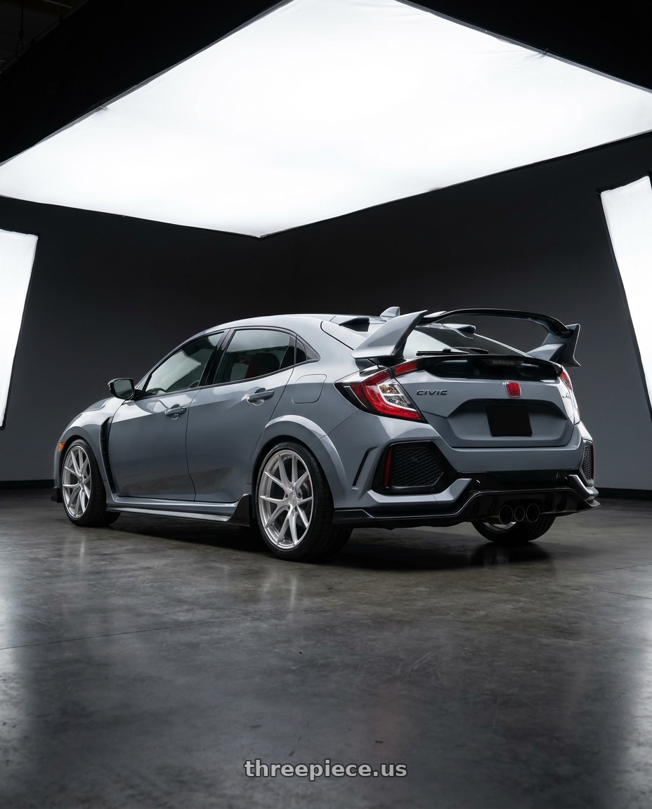 2021 Honda Civic Type R with Aodhan AFF7 5x120 18x9.5+35 Gloss Silver Machined Face wheels rear three quarter view square tires