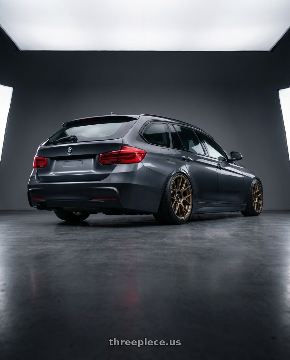 2016 BMW 3 Series F30 with Konig Ampliform 5x120 19x8.5+32 Gloss Bronze wheels rear three quarter view slight stretch tires