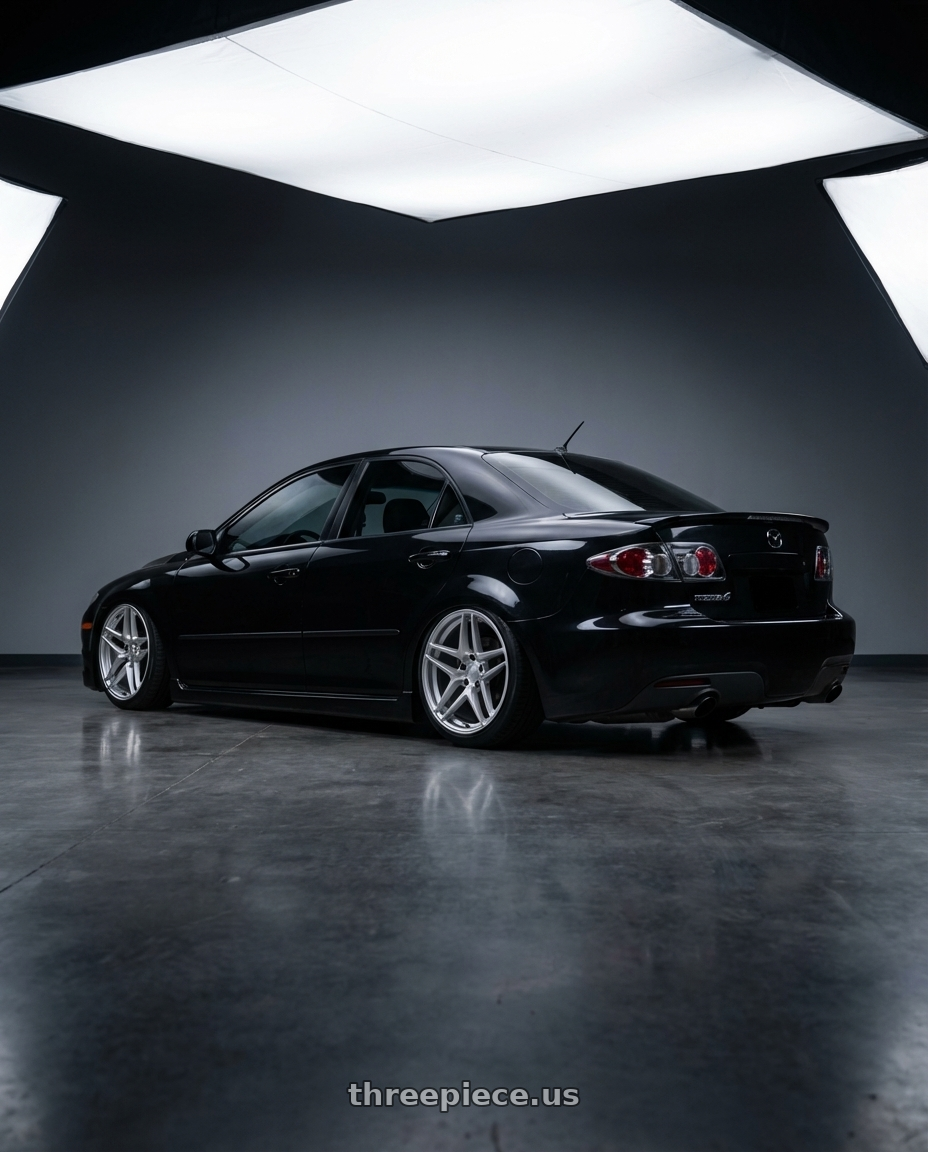 2006 Mazda, Mazdaspeed 6, Grand touring, Black with Kansei K15H Astro 5x114.3 18x9 22 Hyper Silver wheels rear three quarter view slight stretch tires