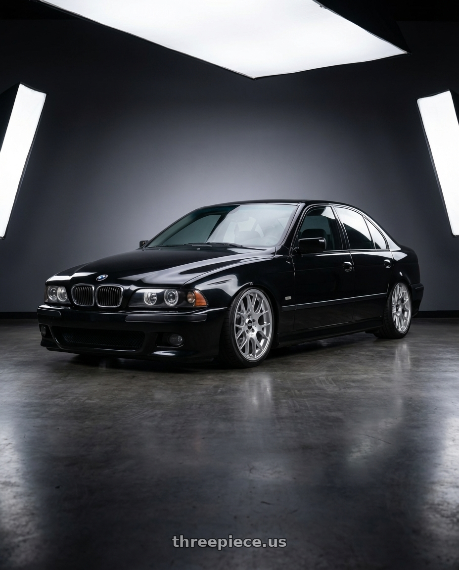 2001 bmw 530i with BBS CH-R 5x112 19x8.5 +32 Brilliant Silver Polished Rim Protector wheels front three quarter view stanced stance