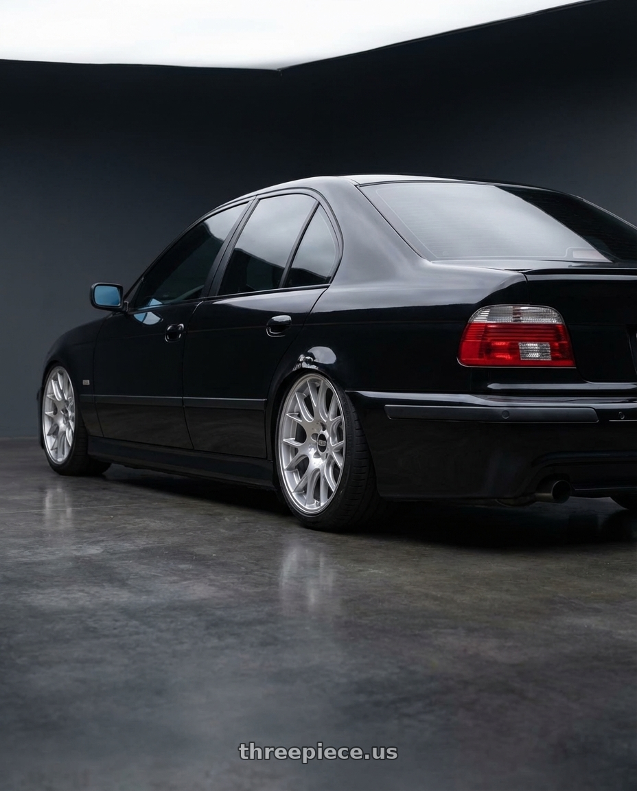 2001 bmw 530i with BBS CH-R 5x112 19x8.5 +32 Brilliant Silver Polished Rim Protector wheels rear three quarter view square tires