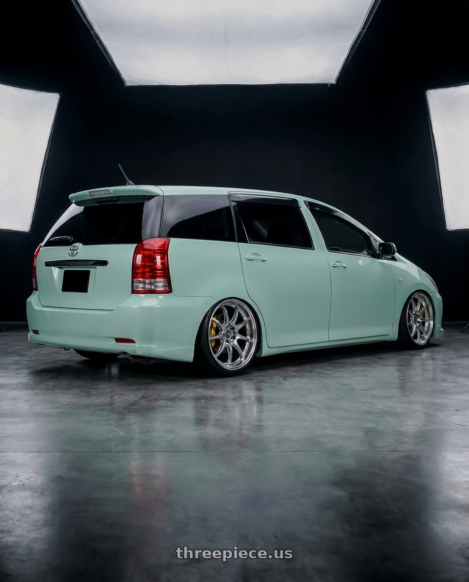 2008 TOYOTA WISH ,mint with Work Emotion D9r 5x100 18x8.5 +47 Gt Silver Rim Cut wheels rear three quarter view slight stretch tires