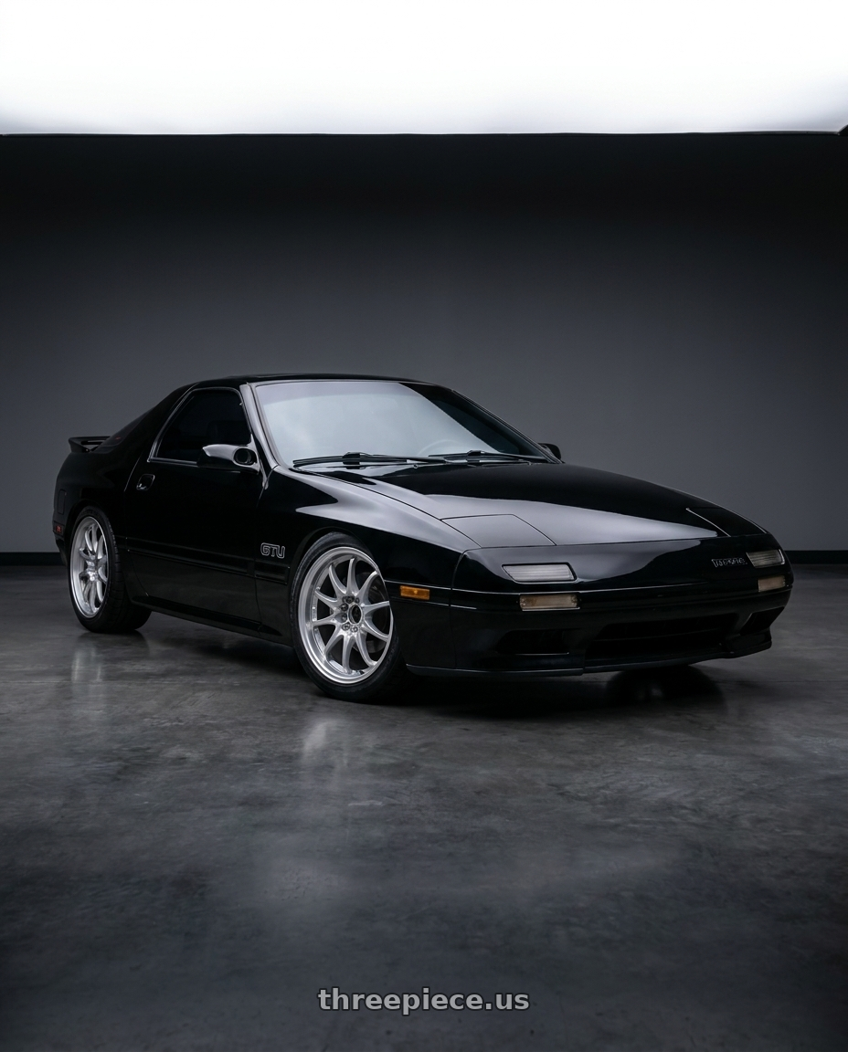 1990 Mazda RX7 GTU black with Volk Racing CE28 CLUB RACER II 5x114.3 16x8+30 Formula Silver wheels