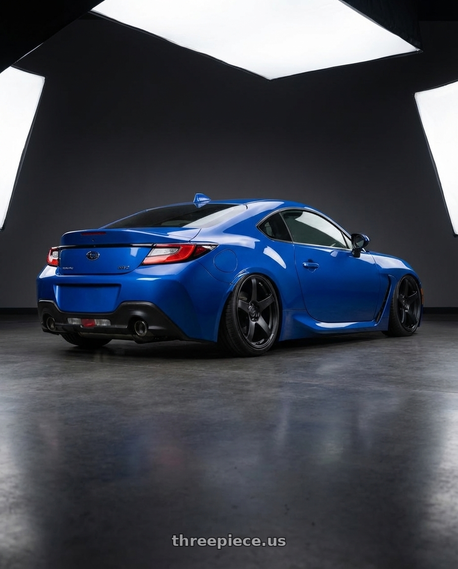 2024 Subaru BRZ with Ssr Gtv01 5x114.3 18x8+35  FLAT BLACK wheels rear three quarter view slight stretch tires