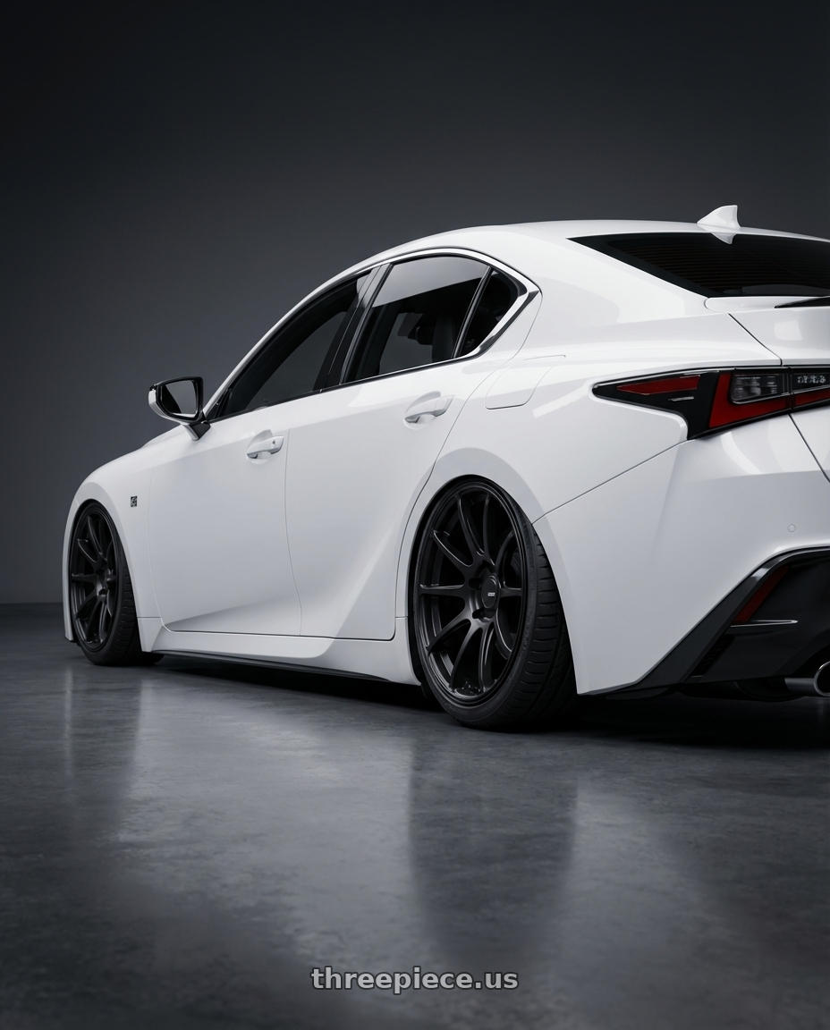 2024 Lexus IS 350 with Ssr Gtv02 5x114.3 19x8.5+38  FLAT BLACK wheels rear three quarter view slight stretch tires