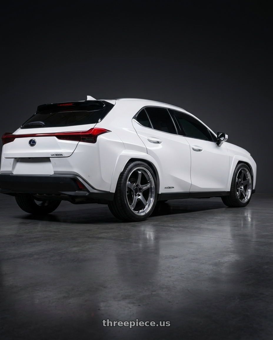 2026 Lexus UX300h with Advan Racing GT BEYOND 5x114.3 19x8.0 +44 MACHINING & HYPER PLATINUM BLACK wheels rear three quarter view square tires