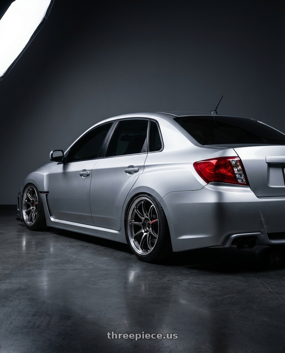 2014 Subaru WRX STI, Silver with Work Emotion Zr10 5x100 18x9.5 +12 Glim Black Diamond Rim cut wheels rear three quarter view slight stretch tires