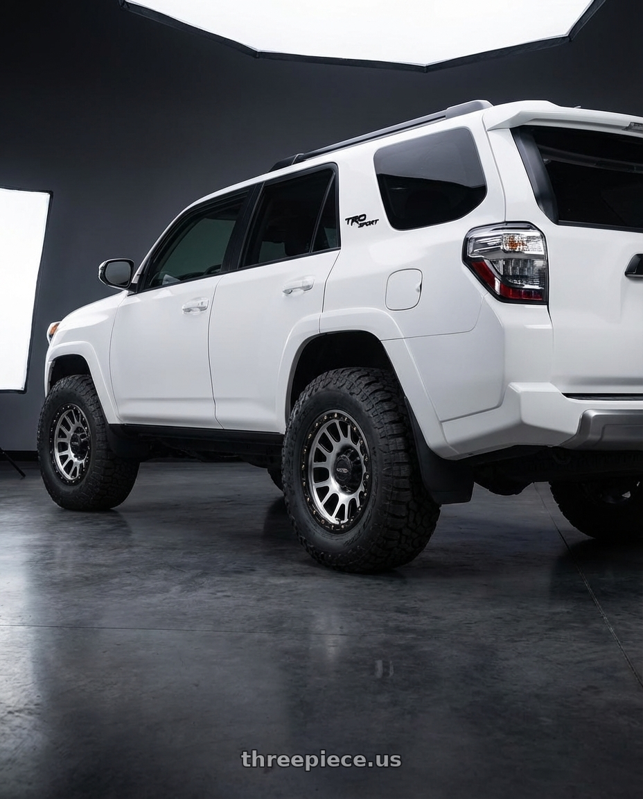 2022 Toyota 4Runner with Vision Off-Road 111 Nemesis 6x139.7 17x9-12 Matte Black Machined Face wheels rear three quarter view meaty tires