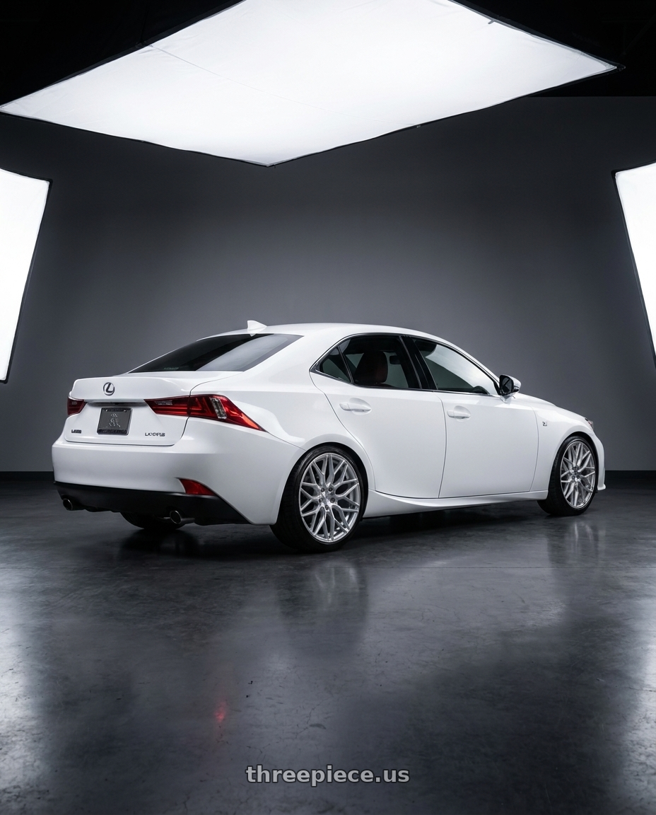 2016 lexus is with 1AV ZX12 5x114 19x8.5 +40 Silver wheels rear three quarter view square tires