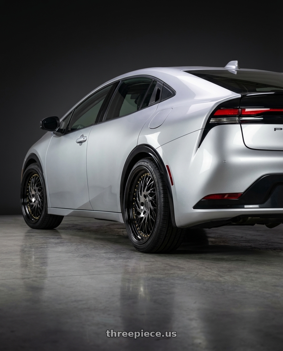 2024 Prius Prime XSE with Aodhan DS03 5x114.3 18x9.5 +30 Black Vacuum w/ Gold Rivets wheels rear three quarter view square tires