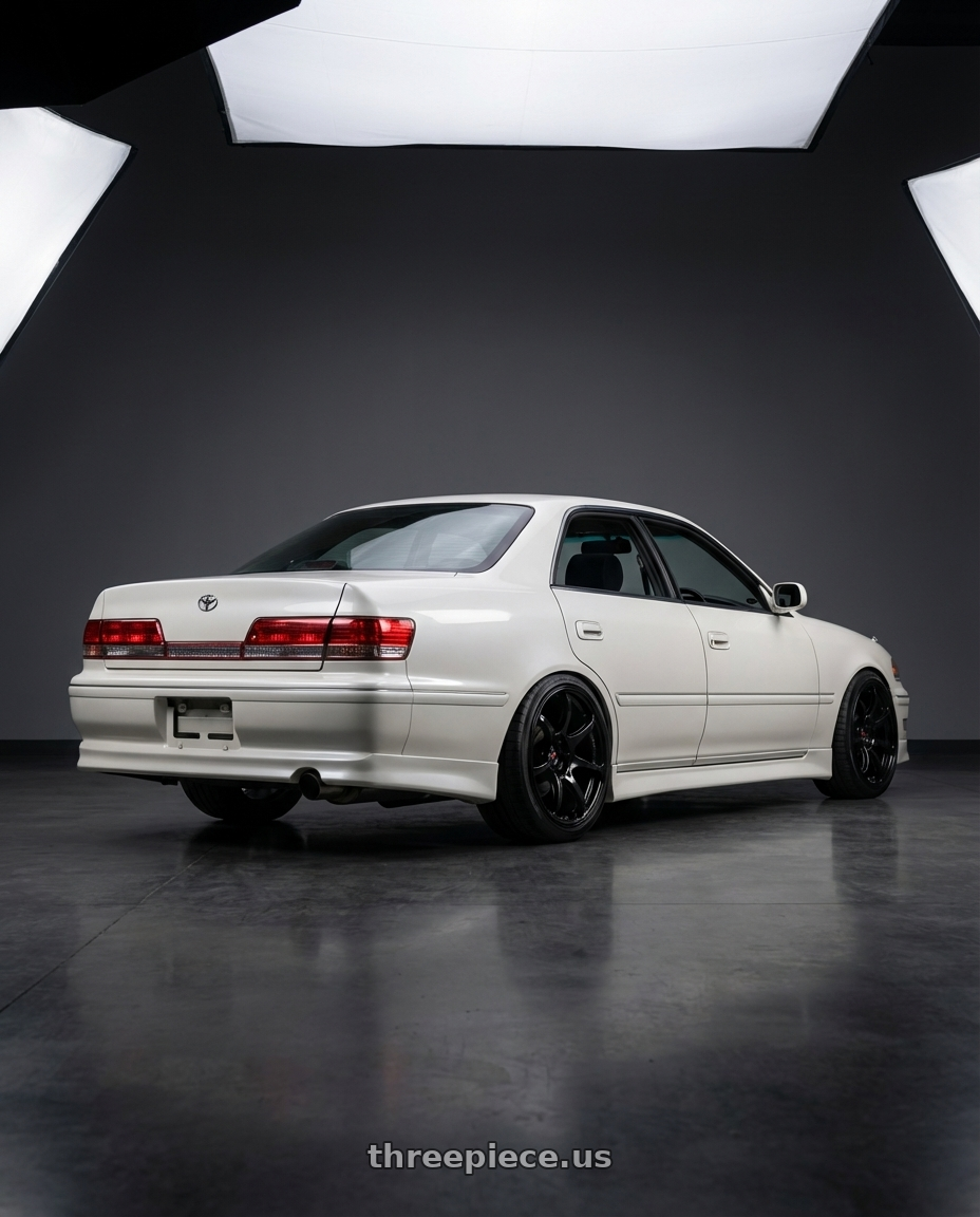 1998 Toyota Mark II Tourer V with Advan RGIII 5x114.3 18x9.5+45 Gloss Black wheels rear three quarter view slight stretch tires