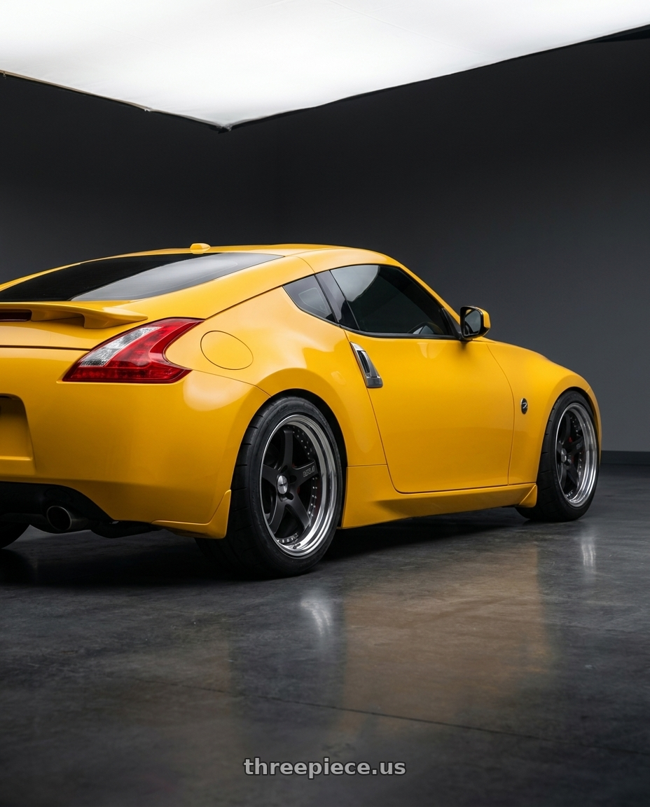 2017 Nissan 370z with SSR Professor SP4 5x114.3 19X9 24 SL Disk Flat Black wheels rear three quarter view meaty tires